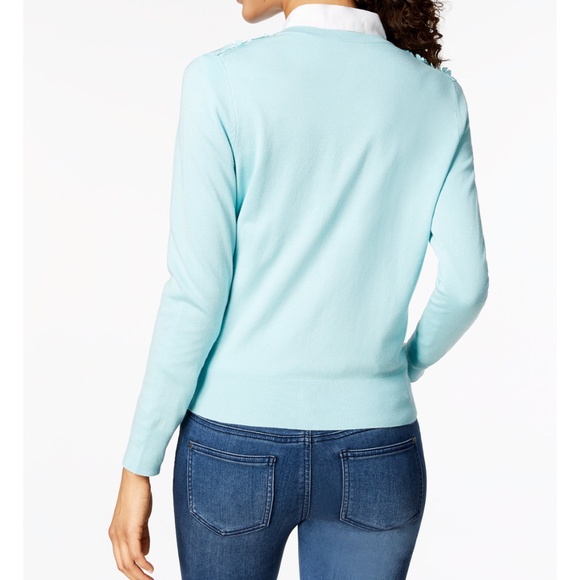 Charter Club Blue Chiffon 3D Floral Embellished Crew Neck Cardigan - Picture 2 of 9